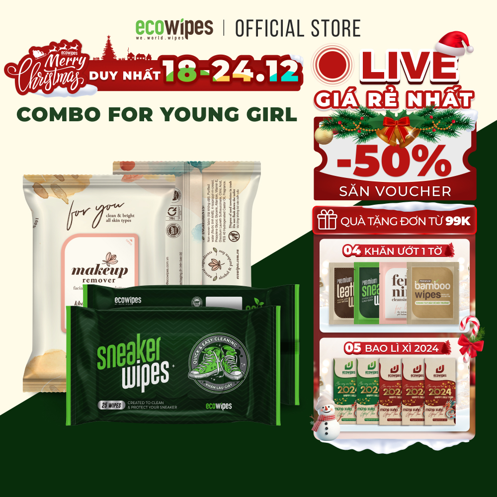 Combo for Young Girl gồm khăn tẩy trang 25 tờ và khăn lau giày 25 tờ EcoWipes