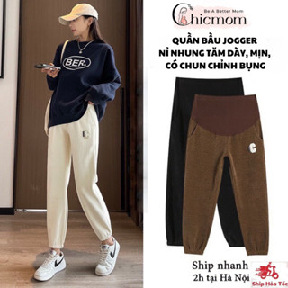 Quần Jogger bầu dáng bom Chicmom mùa đông chất  NỈ NHUNG TĂM bo gấu thêu [Chữ C ] dáng thể thao BIGSIZE