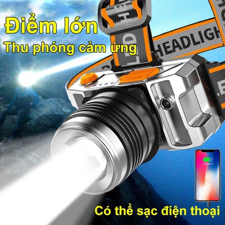 Đèn pin đội đầu 1 bóng chiếu xa 200m chống thấm nước, có Zoom xa gần, 3 chế độ sáng, đèn pin đeo trán pin trâu