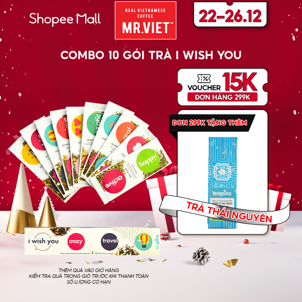 Combo 10 gói trà nhiều vị, I Wish You - Trà Teapins (10 gói x 10g)