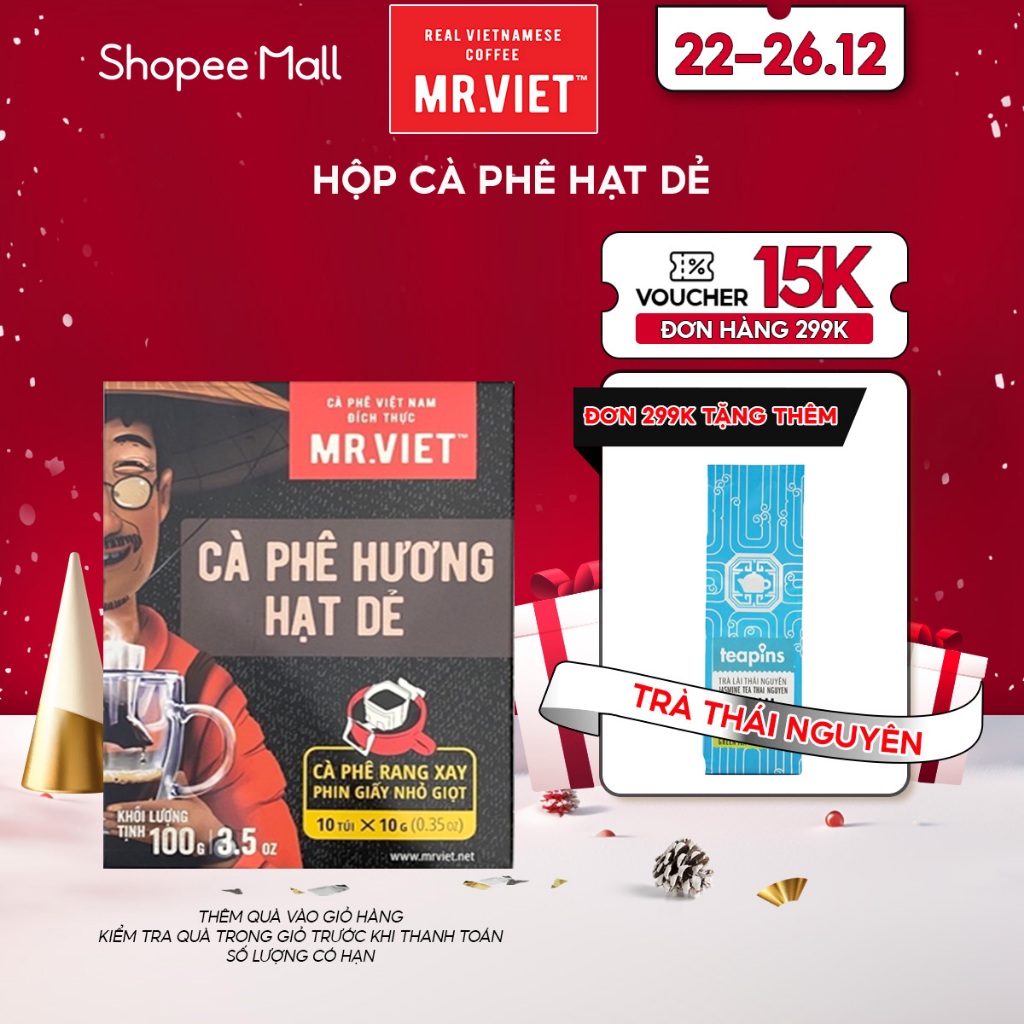 Cà phê rang xay phin giấy/ túi lọc Hazelnut, thành phần Robusta và hương hạt dẻ - MR.VIET Coffee (10 gói/hộp x 100g)