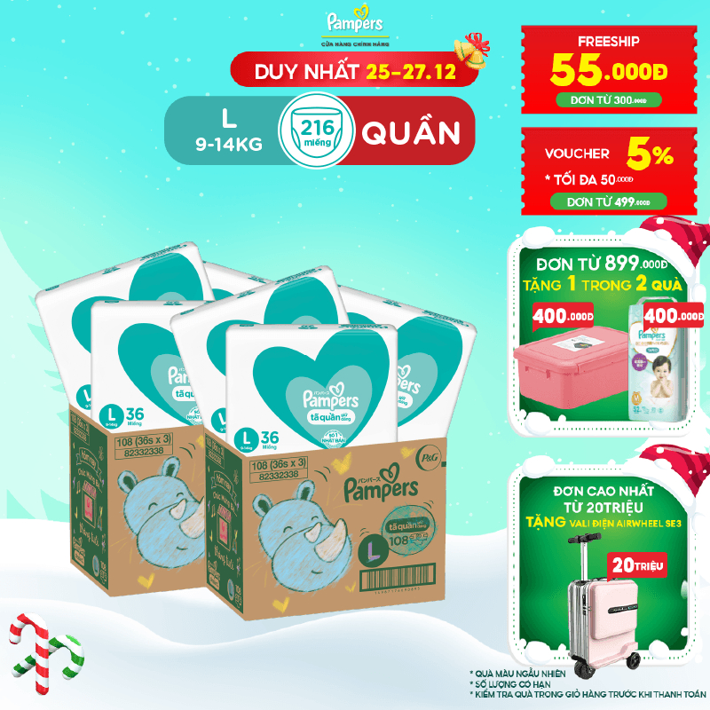 Combo 2 Thùng Tối Ưu Phí Vận Chuyển 3 Gói Tã Quần PAMPERS Giữ Dáng Size L108/ XL96/ XXL84, Chống Xệ