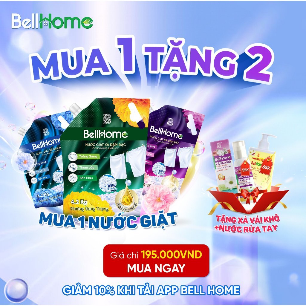 Túi Nước Giặt Xả Bell Home 4,2 Kg Tặng Kèm Chai Xả Vải Khô 100ml Và Nước Rửa Tay 500ml, bellhome