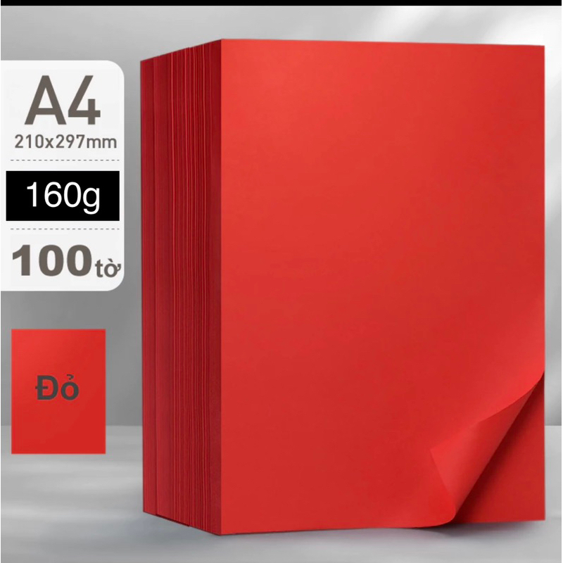 Tập 100 tờ giấy bìa màu đỏ tươi 2 mặt loại dày định lượng 160gsm khổ A4