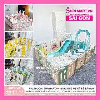 Set Quây Cũi Nhựa Liên Hoàn cầu trượt cho bé - Quây bóng kèm cầu trượt xích đu gấu mặt trăng, quây gà