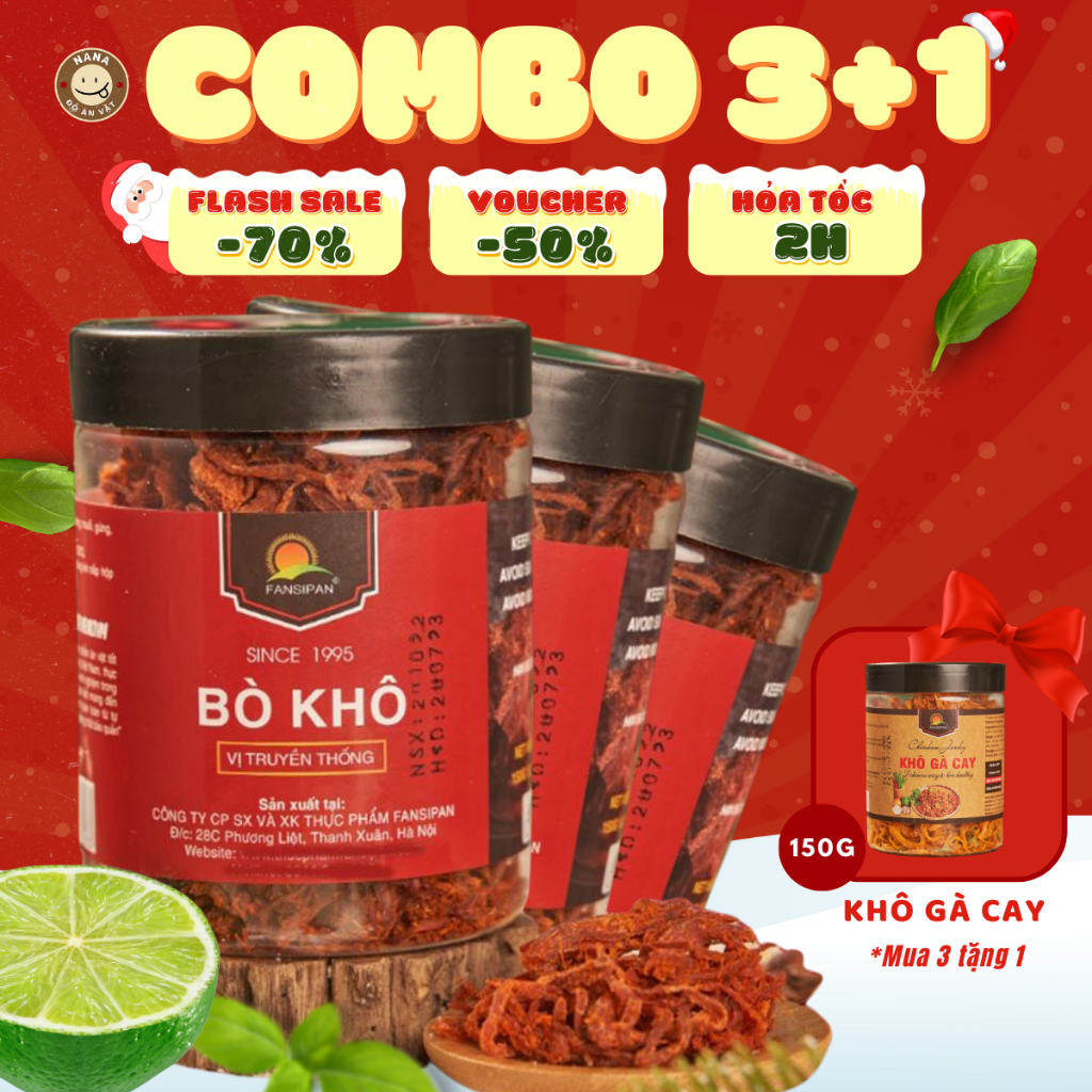 X3 Hũ Khô Bò Sợi Fansipan Tặng 1 Hũ Khô Gà Hộp 150g, Thơm Ngon, Cay Cay, Đậm Vị, Fansipan