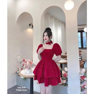 Đầm Váy Công Chúa Đi Tiệc - Chất Nhung Cứng Đính Kim Tuyến Cổ U Dáng Xòe Tầng Kèm Chocker Nơ Cổ