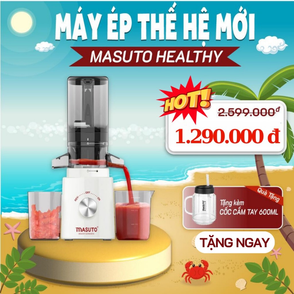 Máy ép chậm Masuto, máy ép trái cây, ép nguyên quả kiệt bã, dung tích 0,6L- Bảo hành 12 tháng, tặng kèm cốc tay cầm