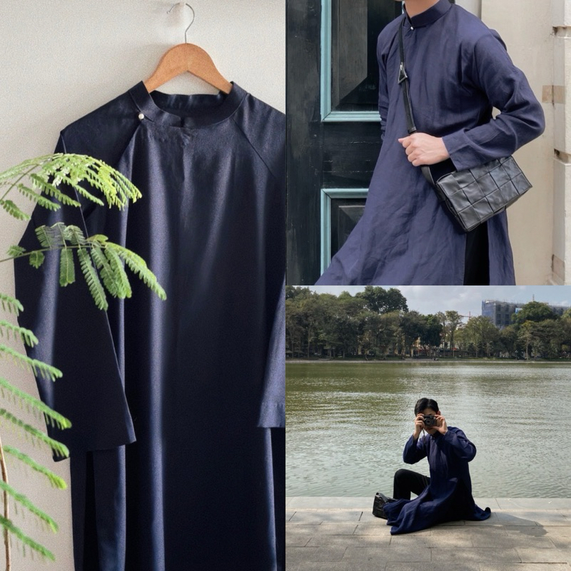 Áo Dài Tết Linen Màu Xanh Navy Cho Nam