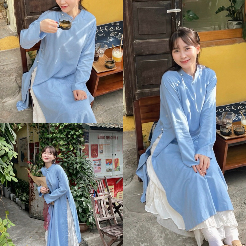 Áo Dài Tết Linen Màu Xanh Nhạt Pastel Cho Nữ