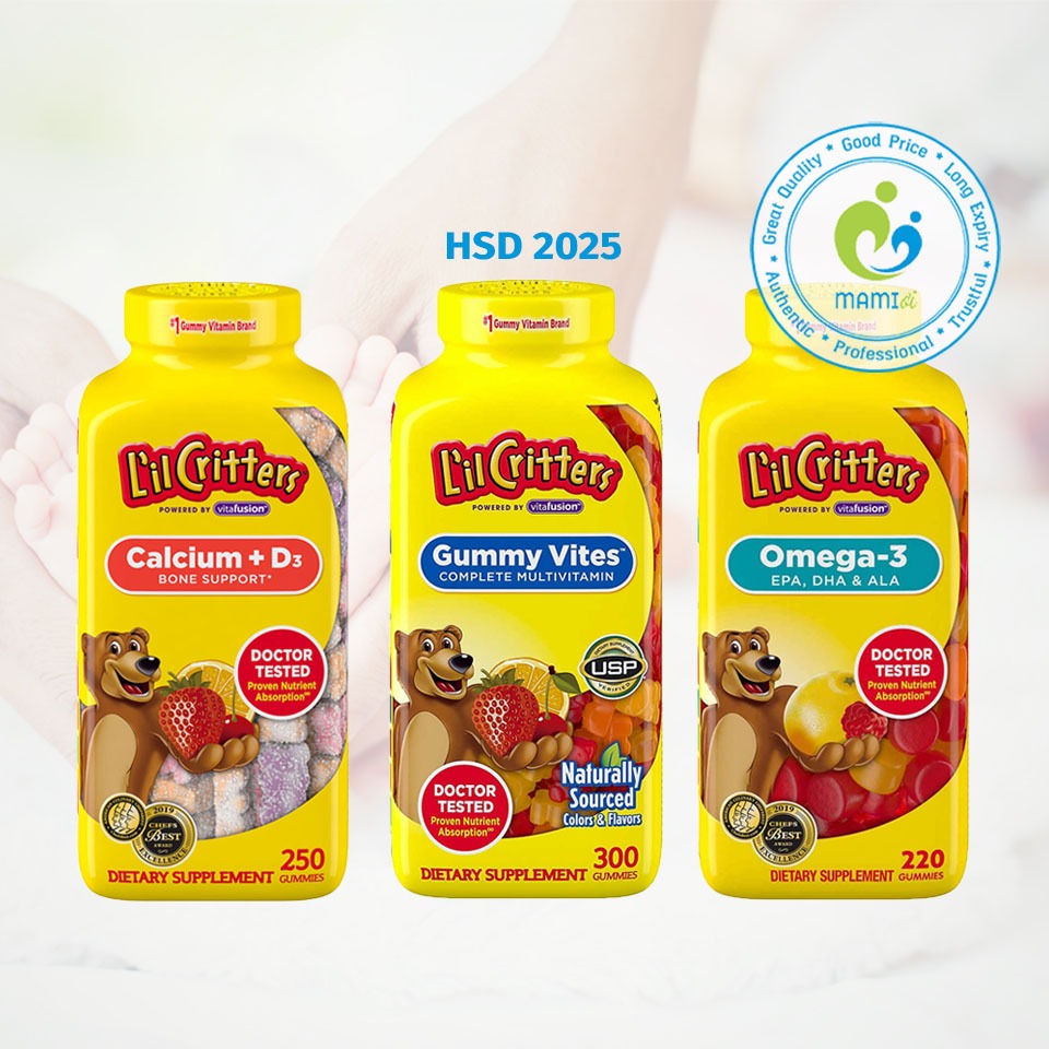 Kẹo dẻo Gấu (300/220/250v) nhiều vị dinh dưỡng cho trẻ từ 2 tuổi L'il Critters Gummy Vites/Omega 3/Calcium D3, USA