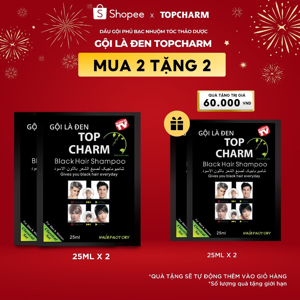 Dầu gội phủ bạc đen tóc TOPCHARM 25ml - Chiết xuất nhân sâm nhuộm đen tóc tự nhiên, an toàn da đầu