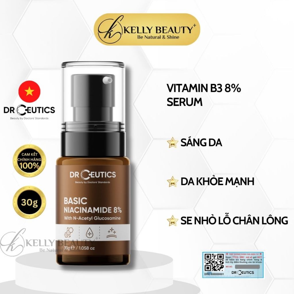 Serum Vitamin B3 8% DrCeutics - Làm Sáng Da, Cân Bằng Dầu & Se LCL - Niacinamide 8% + NAG + Kẽm PCA | Kelly Beauty
