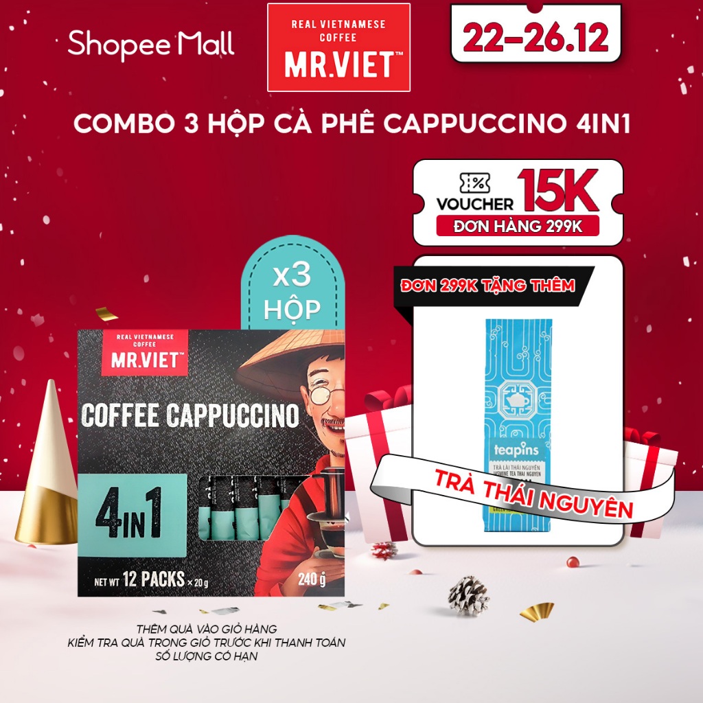 Combo 3 hộp cà phê hòa tan Cappuccino 4in1 vị đậm đà - MR.VIET Coffee (3 hộp x 12 gói x 20g)
