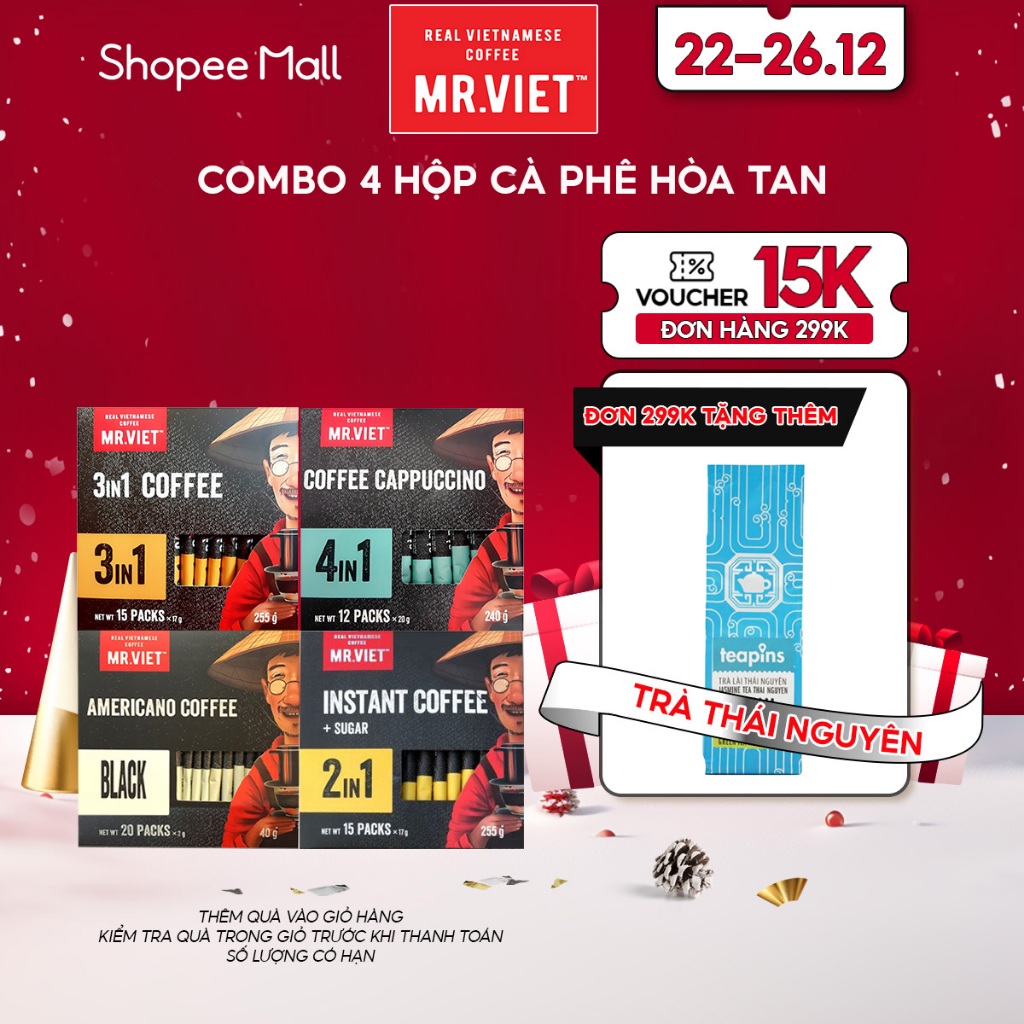 Combo mix 4 hộp cà phê hòa tan, cà phê đen, 2in1, 3in1, cappuccino 4in1 - MR.VIET Coffee