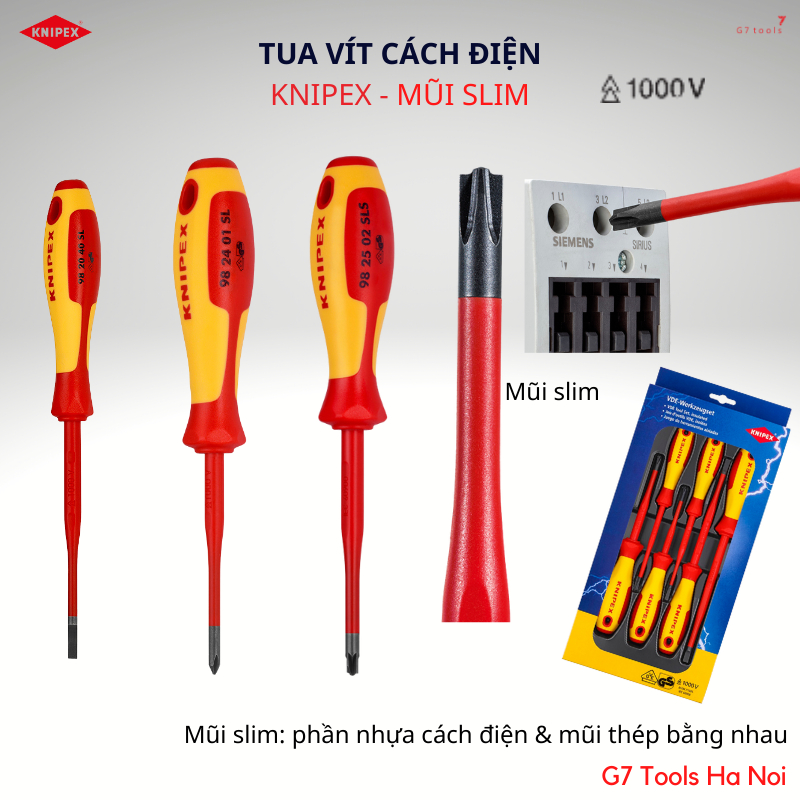 Tua Vít Knipex Cách Điện Mũi Slim 98 24 01 SL/ 98 24 02 SL/ 98 24 01 SLS/ 98 24 02 SLS/ 98 20 35 40 55 65 SL G7 Tools HN