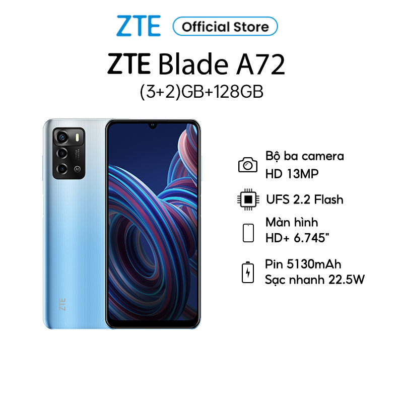 Điện Thoại ZTE Blade A72 | 5GB/128GB | 6.75'' HD+ | 90HZ | 5130mAh - 22.5W | 3 Camera | Hàng Chính Hãng