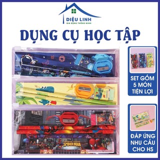 Dụng cụ học tập set 5 món gồm 2 bút chì 1 thước 1 gôm tẩy 1 gọt bút chì cho bé dieulinhshop