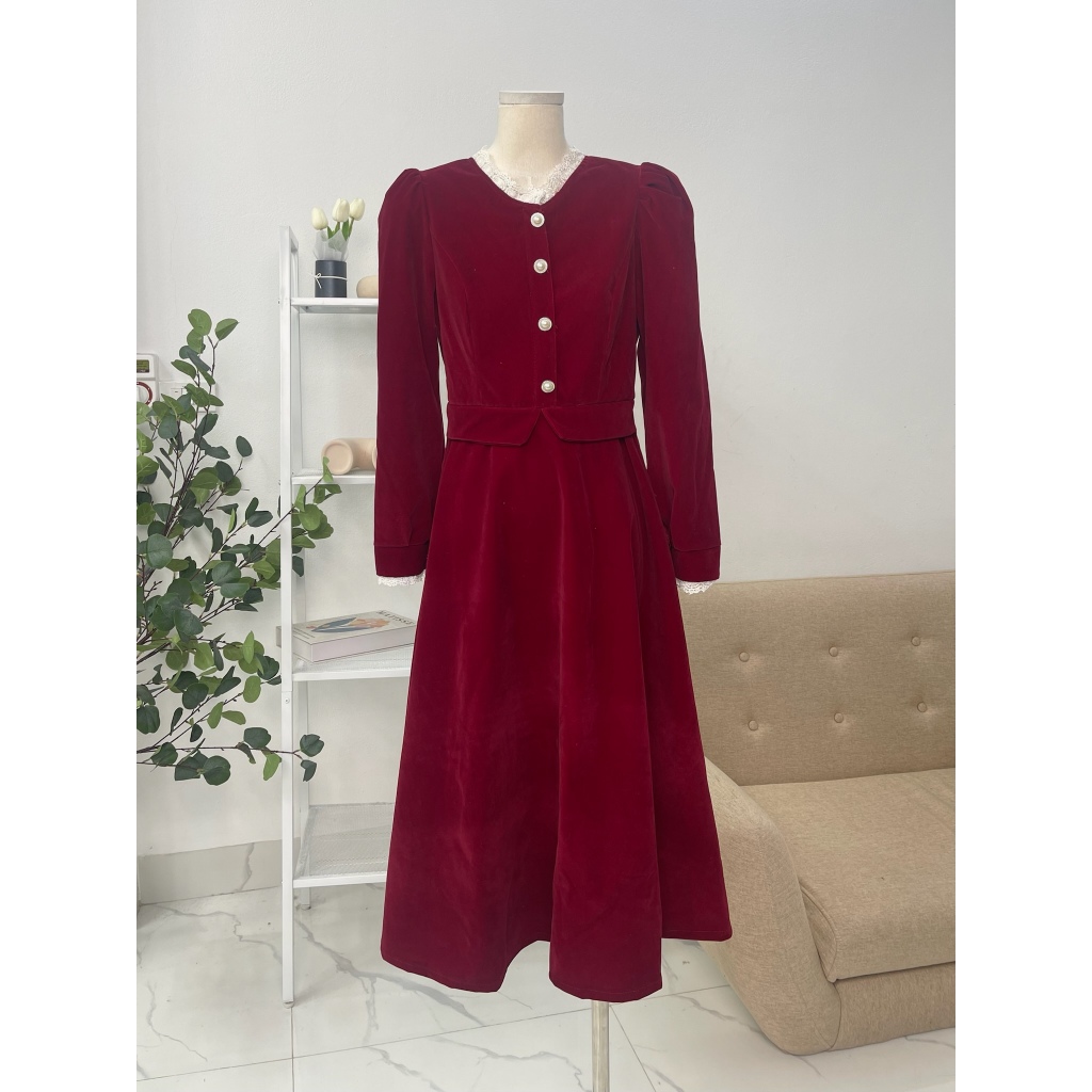 Váy Nhung Phối Ren LINH LAN 29feb.closet Cúc Ngọc Vai Bồng Dáng Xòe Dài Nhẹ Nhàng Tiểu Thư Mùa Thu Đông - V174