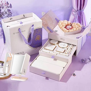 Bộ Quà tặng Trang Điểm  3 tầng YOULIYOULA cao cấp và sang trọng đầy đủ 10 món kèm Hoa sáp Trái Tim + Gương LED cảm ứng