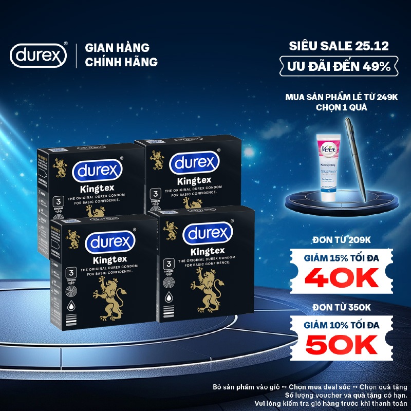 Bộ 4 hôp bao cao su Durex Kingtex ôm sát, bôi trơn (size 49mm, 3 bao/hộp)