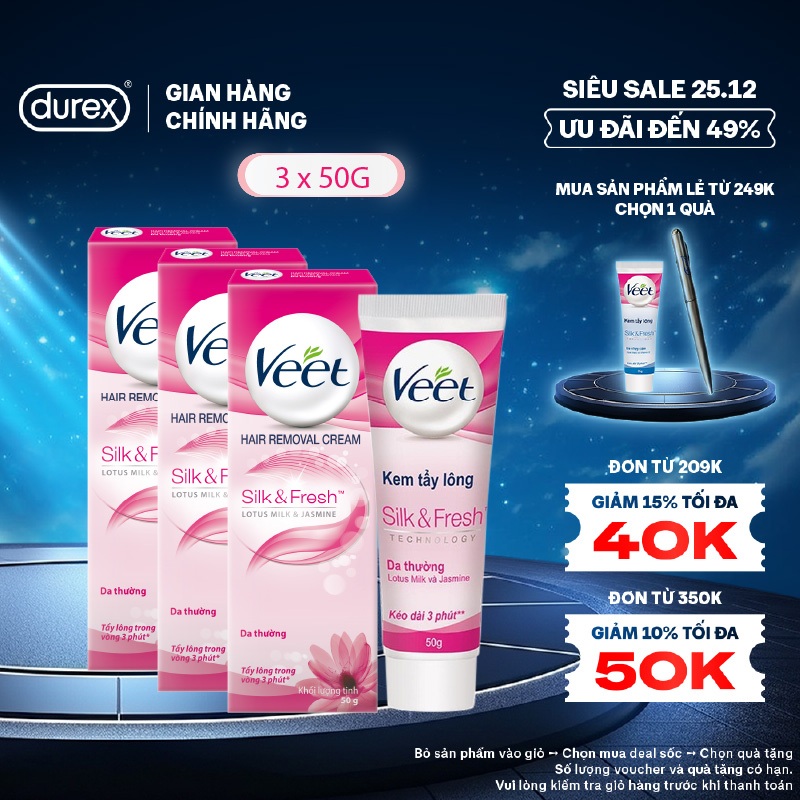 Bộ 3 chai Kem tẩy lông Veet cho da thường 50g/tuýp