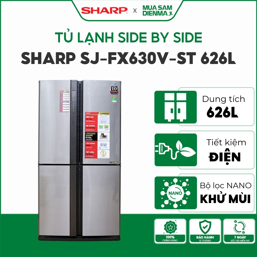 Tủ lạnh 4 Cánh Cửa Sharp Inverter 626L SJ-FX630V-ST | Tủ lạnh side by side FX630V (chỉ giao tại HN) | BH chính hãng