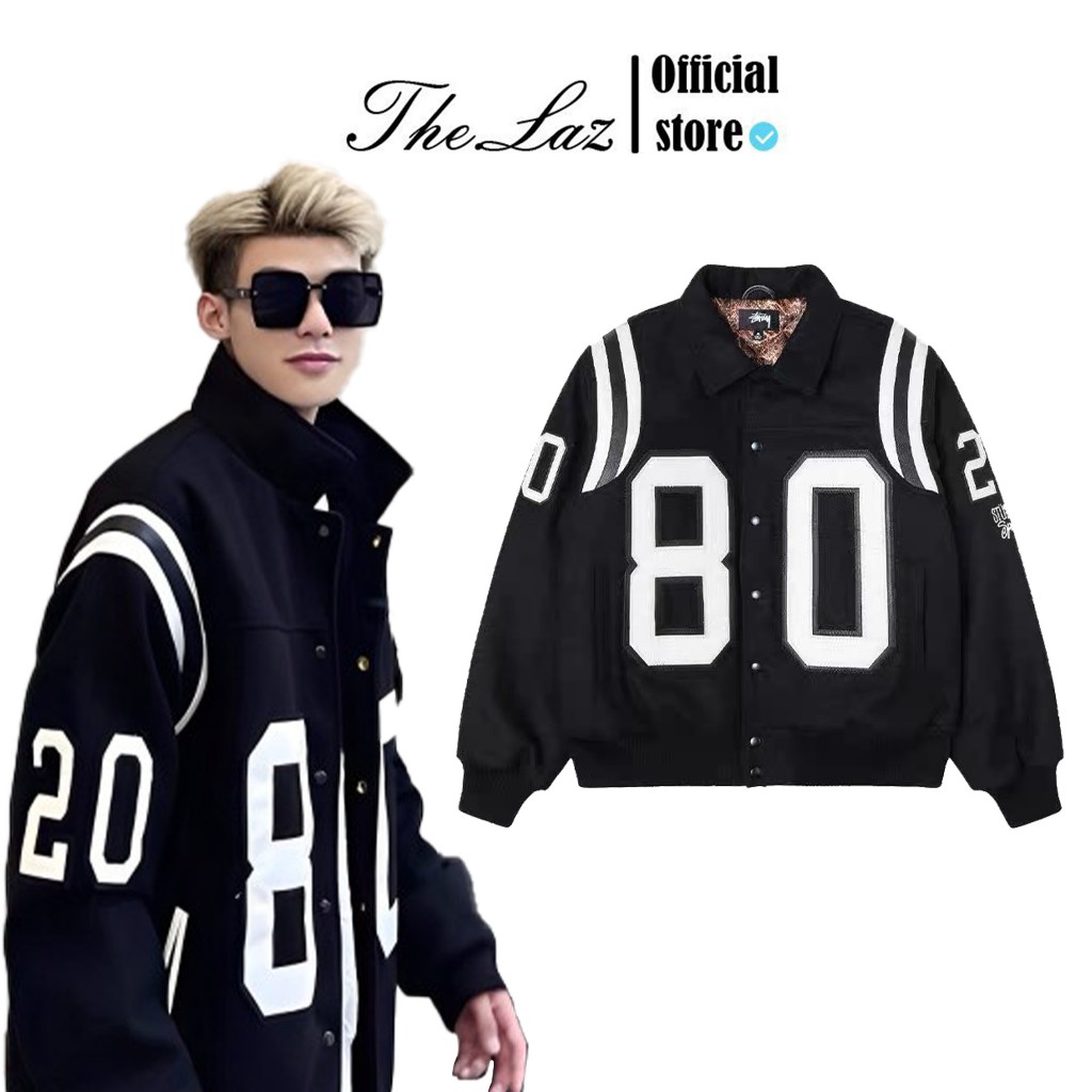 Áo khoác varsity vải dạ stussy 23Fw bomber boxy phối da 80 Thêu giới tính unisex from rộng KUN SHOP UNISEX