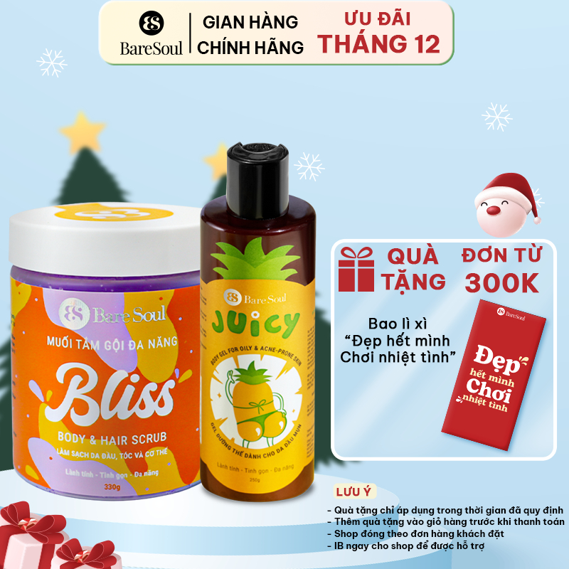 Combo dưỡng sáng chuyên sâu, giảm mụn viêm, mờ thâm giúp da căng mịn BareSoul Juicy 250g + BLISS 330g