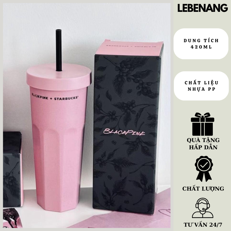 Ly Starbucks Blackpink Bst 2023, bình giữ nhiệt màu hồng siêu hot kèm ống hút Lebenang