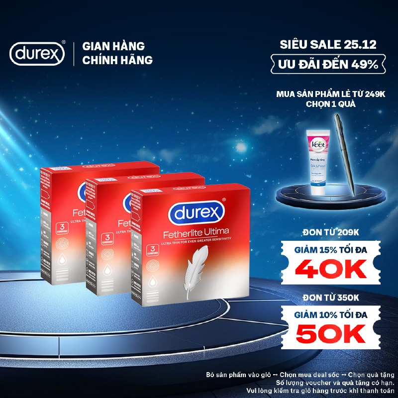 Bộ 3 bao cao su Durex Fetherlite Ultima siêu mỏng, size 52mm, 3 bao/hộp