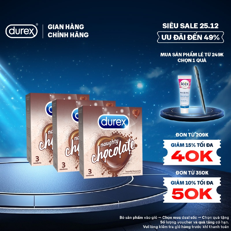 Bộ 3 Bao cao su Durex Naughty Chocolate hương socola (3 bao/hộp)