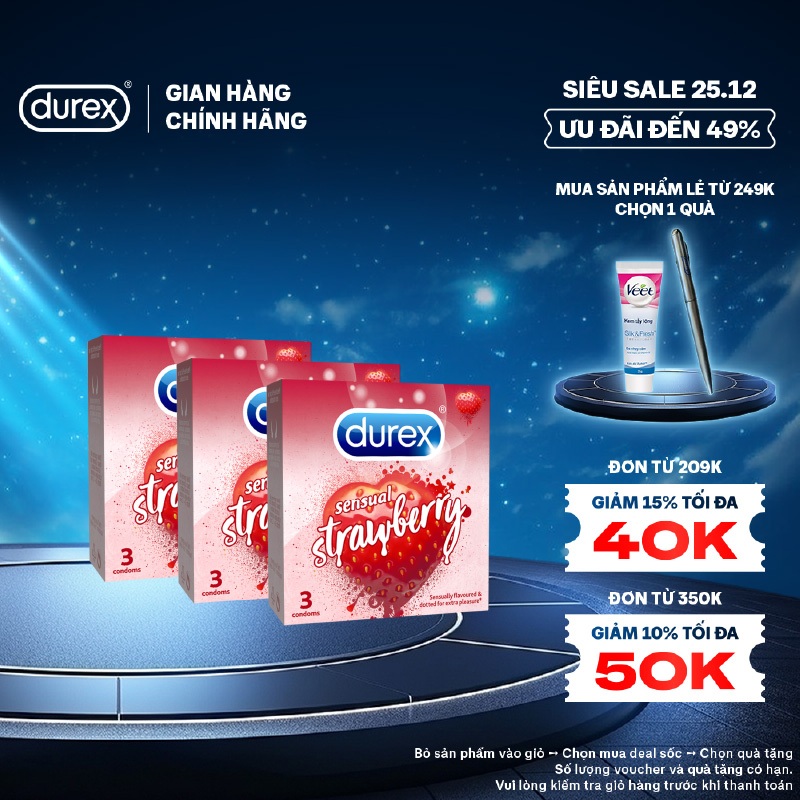 Bộ 3 hộp bao cao su Durex Sensual Strawberry hương dâu (size 53mm, 3 bao/hộp)