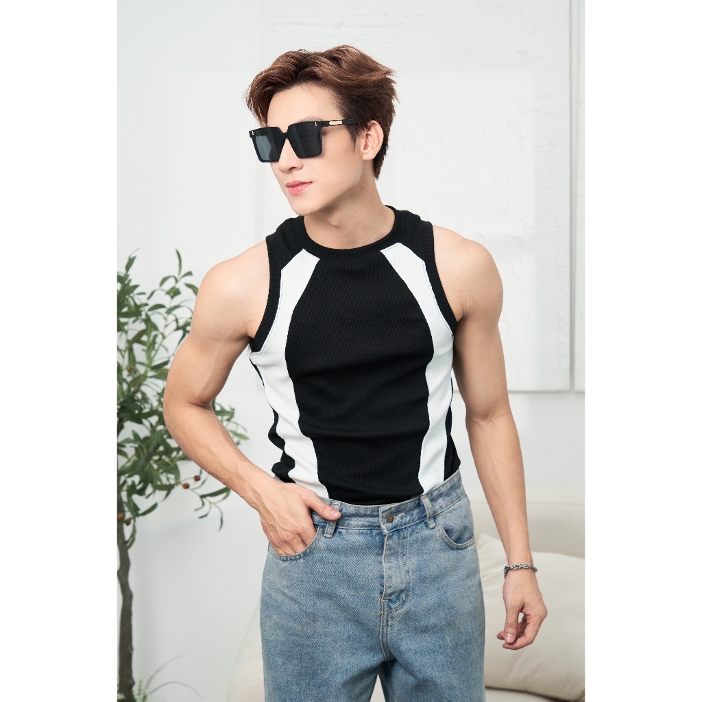 Áo Thun Ba Lỗ Tanktop Cổ Tròn Phối Sọc Trắng Đen Form Body Thun Tăm Gân Cao Cấp Thương Hiệu Mr Twins