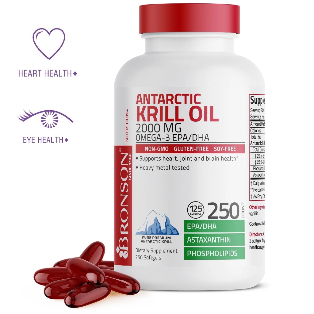 Vitamin BRONSON USA Krill Oil Omega 3 EPA DHA - 2000mg - 250 viên - Bổ mắt, tim mạch