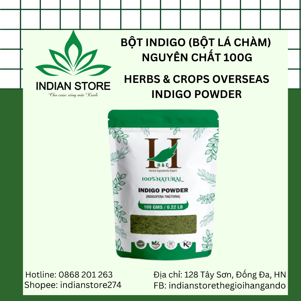 Bột Indigo bột lá chàm 100% nguyên chất nhuộm tóc phủ bạc H&C Indigo Powder 100g