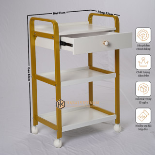 Kệ đẩy 3 tầng mạ vàng Hakai Việt Nam xe đẩy 3 tầng mạ vàng khung thép có ngăn kéo kệ bằng gỗ MDF chống ẩm mốc