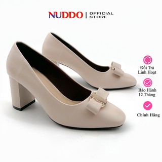 Guốc Công Sở Nữ Cao Gót 7cm Đính Nơ Sang Trọng, Giày Nữ Đế Vuông Dự Tiệc Da Mềm NUDDO N700n
