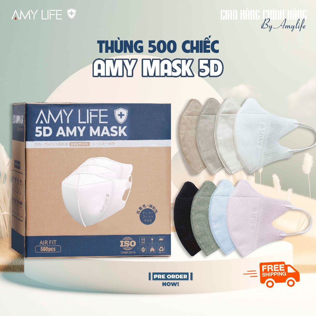 Thùng 500 chiếc khẩu trang y tế 5D Amy Life kháng khuẩn 100% chống nắng tia UV - chống bụi mịn