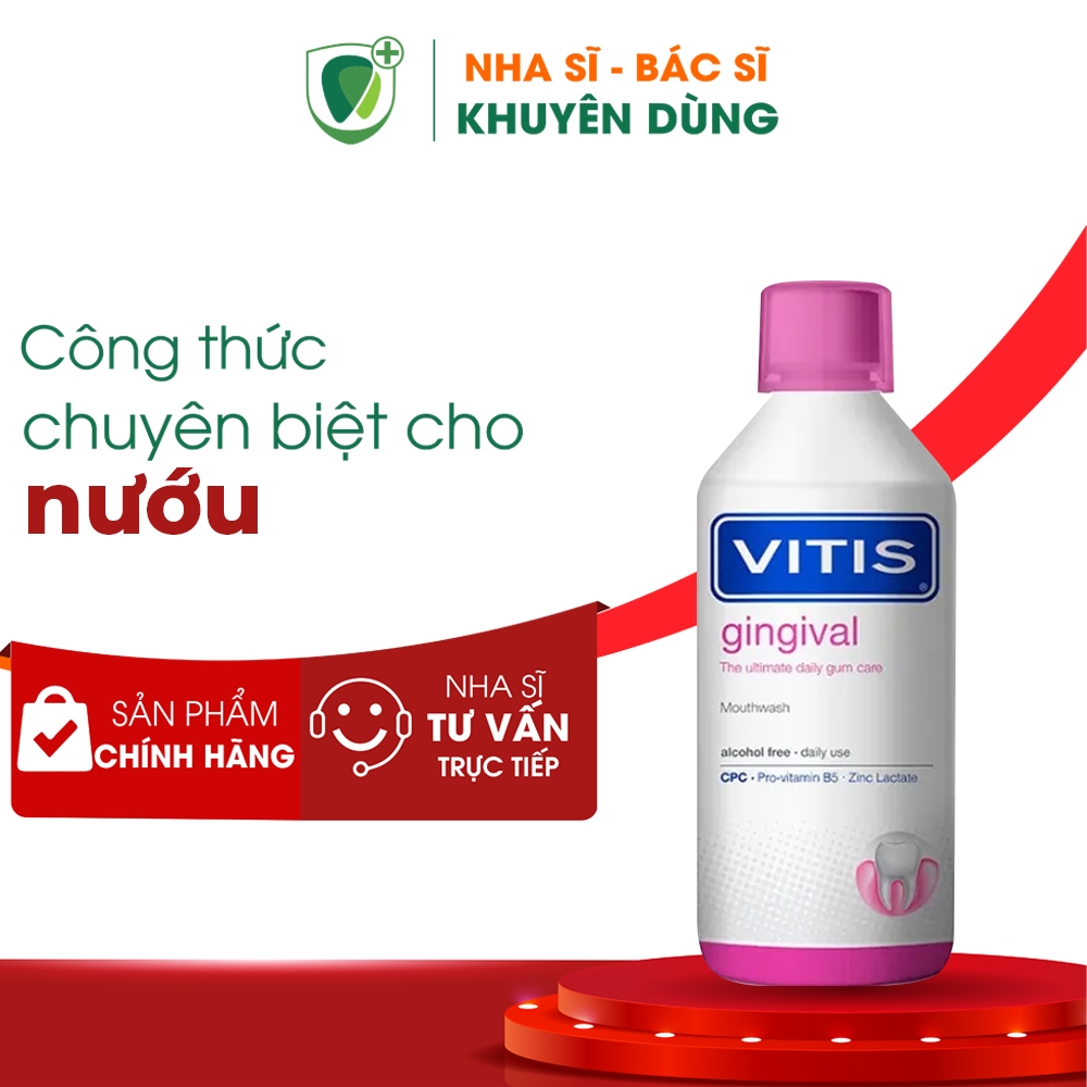 Nước súc miệng bảo vệ lợi, nướu VITIS Gingival, Giảm tình trạng tụt nướu, tụt lợi, Không Cay, Không Cồn, Chai lớn 500ml