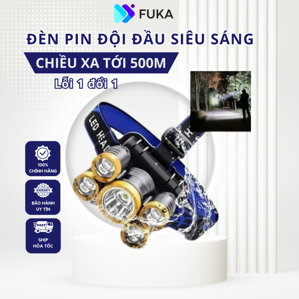 Đèn pin đội đầu siêu sáng, full box hộp kèm pin và sạc vỏ kim loại chắc chắn, chống nước