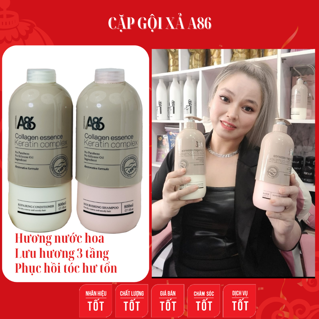 Dầu gội xả A86 - Cặp gội xả phục hồi, dưỡng ẩm cho tóc giúp tóc bóng và mềm mượt dung tích 800 ml