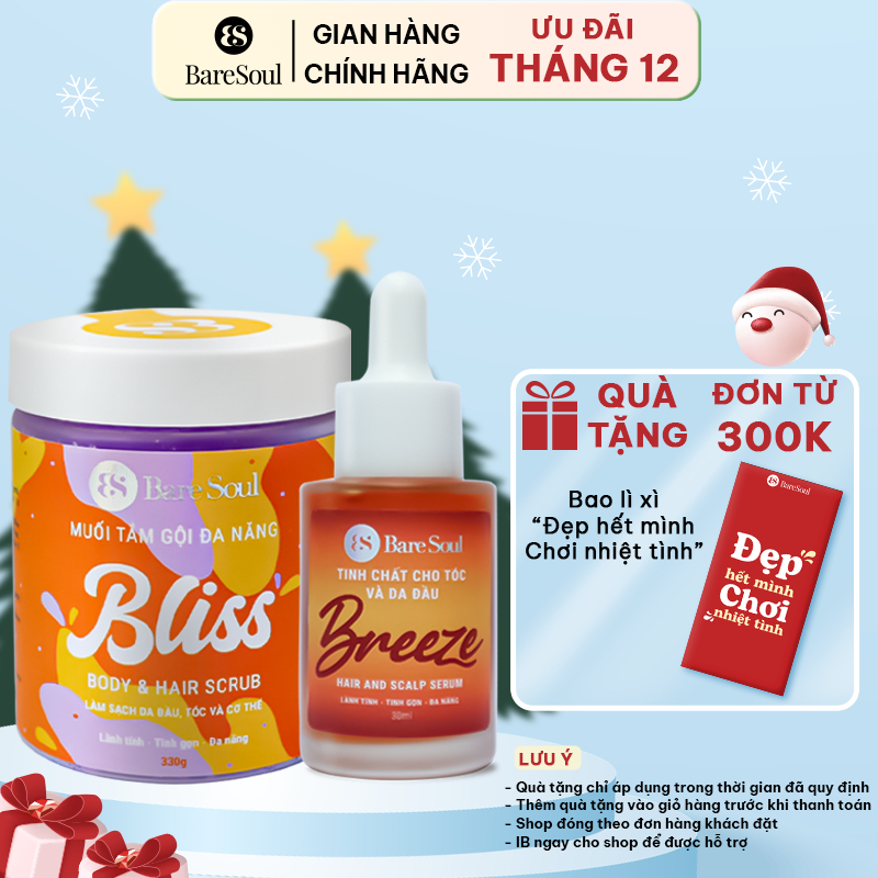 Combo dưỡng da đầu, phục hồi, giảm rụng tóc BareSoul BREEZE Hair & Scalp Serum 30ml và BLISS Body & Hair Scrub 330g