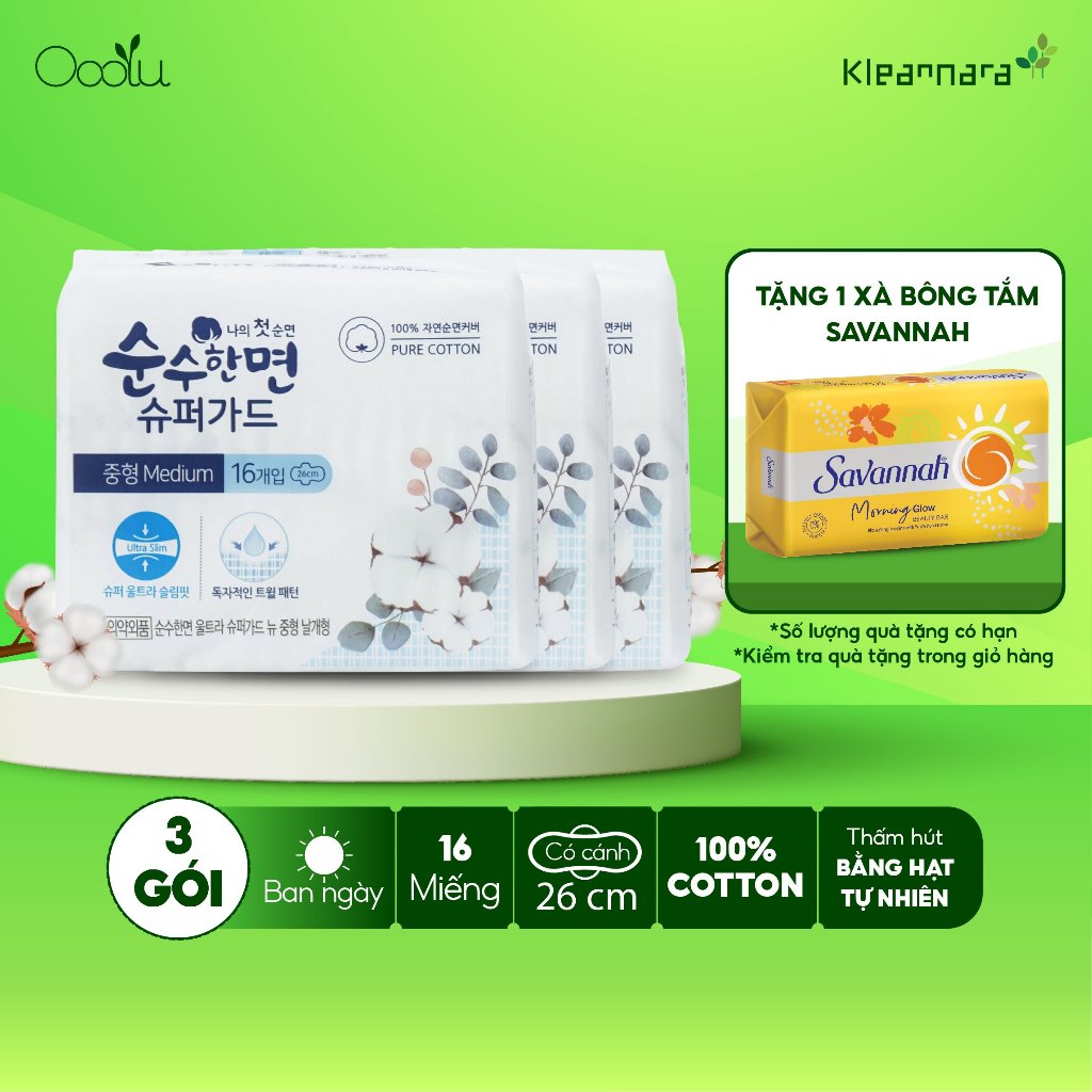 Combo 3 Băng vệ sinh Kleannara Soonsoohan Superguard Hàn Quốc ban ngày size M 26cm - 16 miếng/gói