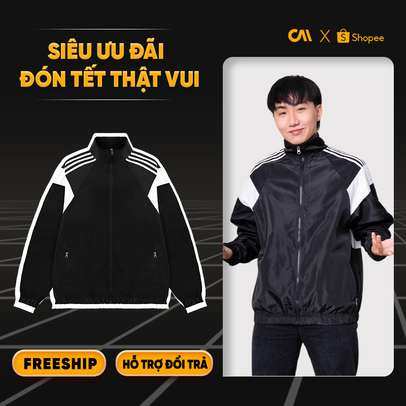 Áo khoác dù màu đen SỌC TRẮNG phom rộng unisex CAPMAN dành cho nam nữ