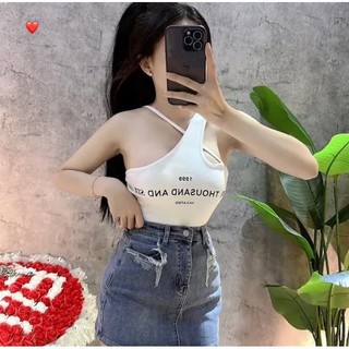 áo lệch vai dây to nhỏ in chữ có mút chất bozip thun mềm