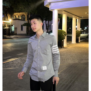 Áo Sơ Mi Thome Browne Xám Thêu 4 kẻ sọc tay logo chữ bụng Áo Somi Thom Màu Ghi 4 vạch tay,HN