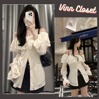 Áo trễ vai phối bèo tay dài , áo sơmi kiểu nữ dài tay xinh xắn sa320