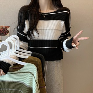  Áo croptop len tay dài nữ kiểu kẻ sọc ngang form rộng len mongtoghi dệt kim phong cách ulzzang Hàn Quốc 