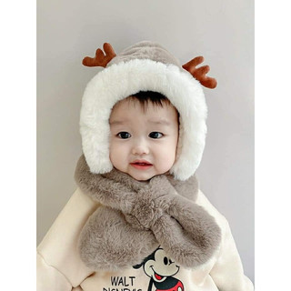 Mũ trẻ em mùa đông lót lông sừng hươu cute nón kèm khăn siêu ấm tai gấu thỏ cho bé